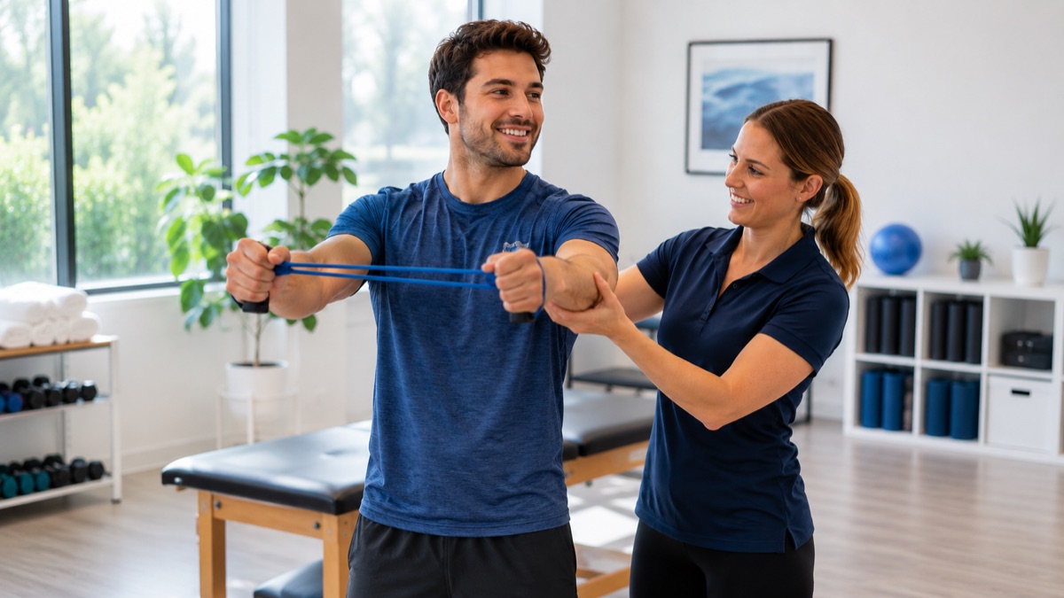 Physical therapist guiding a patient through resistance-band exercise
